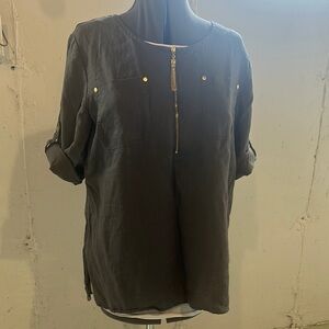 Ellen Tracy linen grey gold Boxy Blouse with Cuffed Sleeves and round  Collar